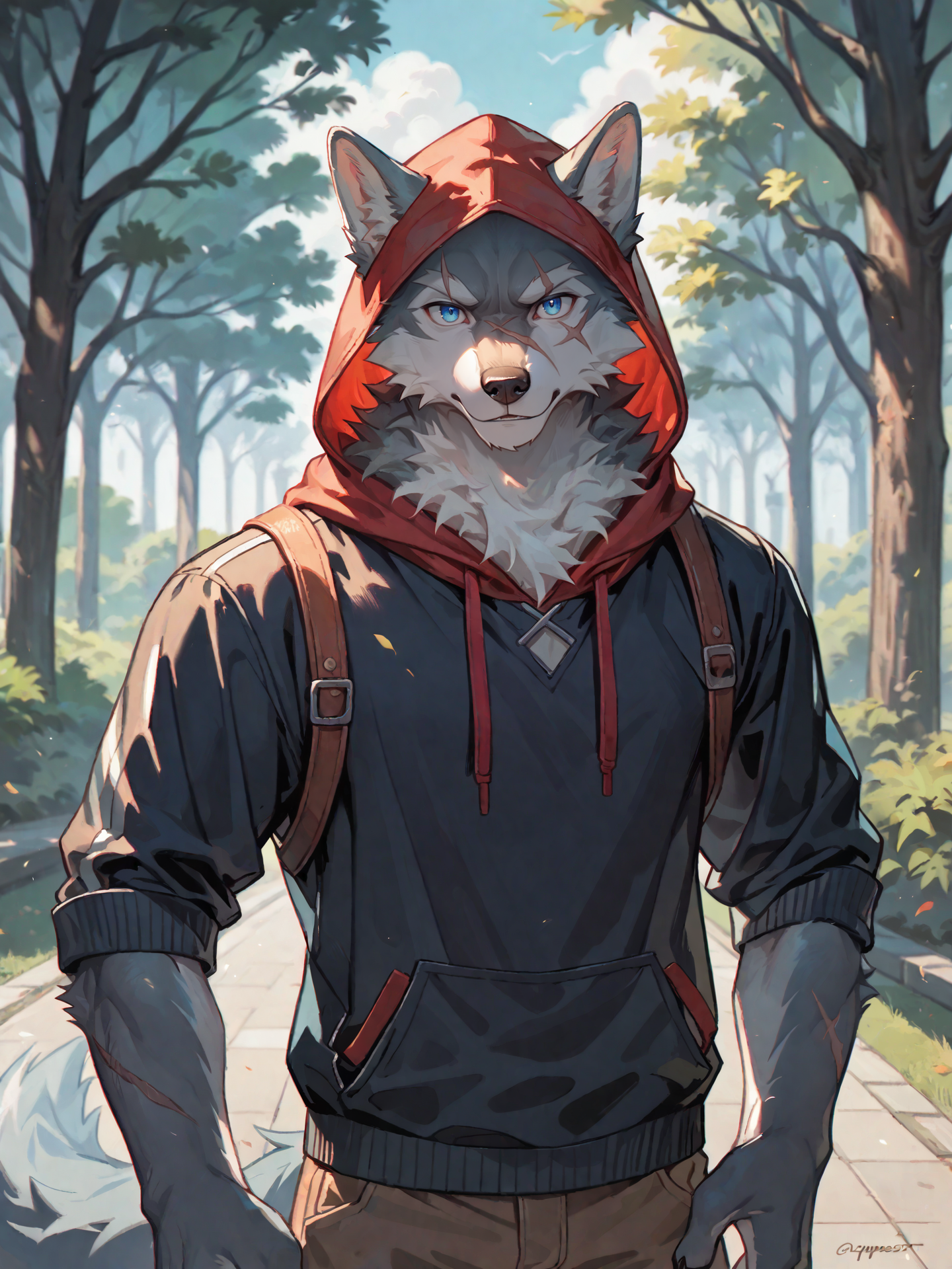 98923-3773745418-canid,canids,wolf, masterpiece,best quality,anthro,solo,looking at viewer,stand,anime style,outdoors,park,standing,((beautiful b.png